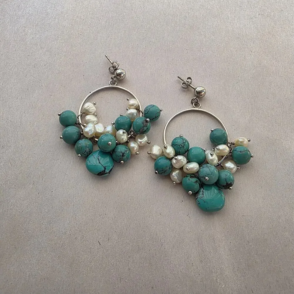 Diana Venezia Sterling Silver 925 Earrings Turquoise Boho Beaded Dangle‎ Cluster